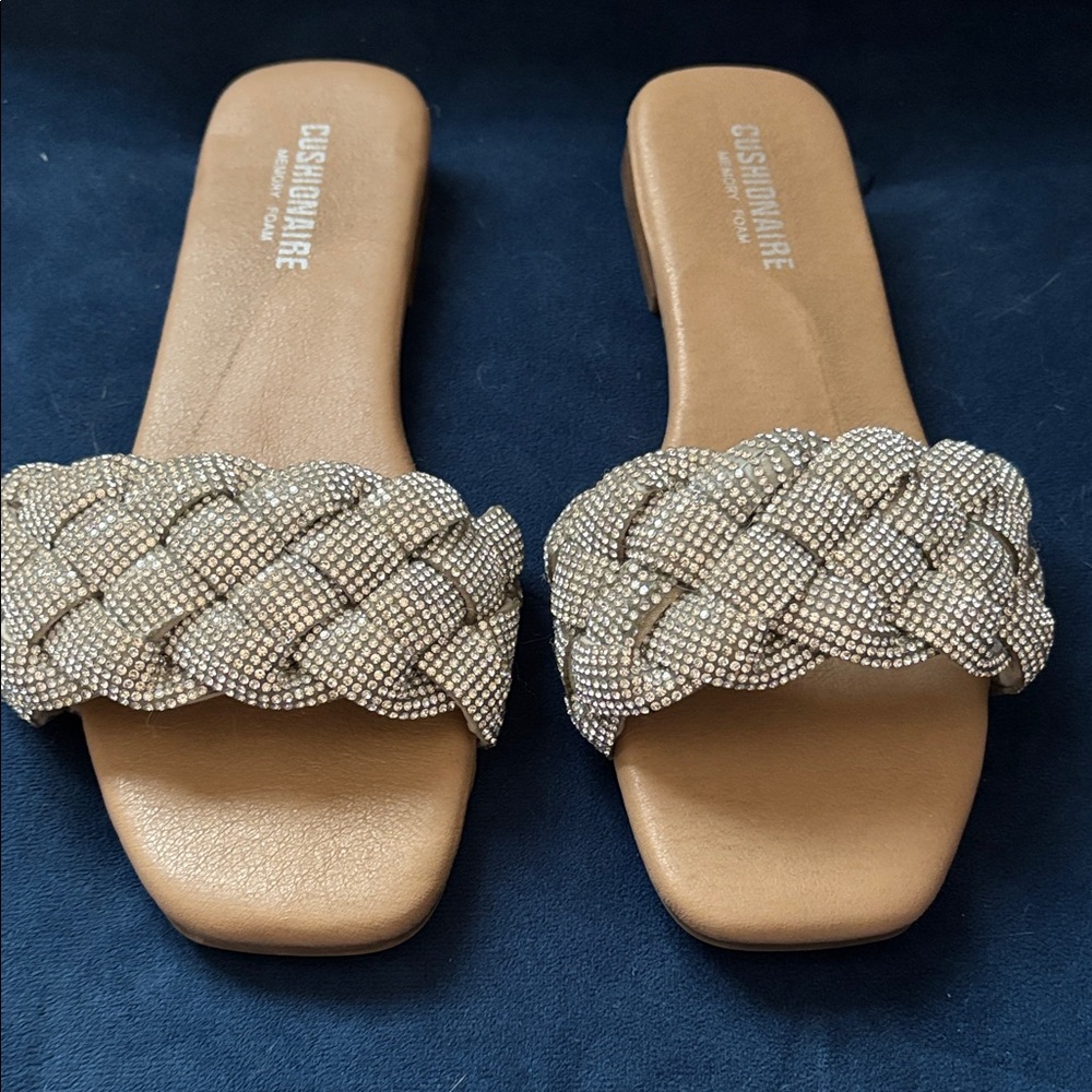 Cushionaire Tan and Silver rhinestone braided woven Sandals